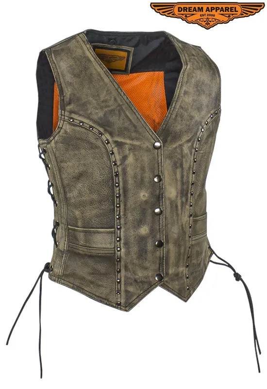 Women's Distressed Brown Leather Motorcycle Studded Vest