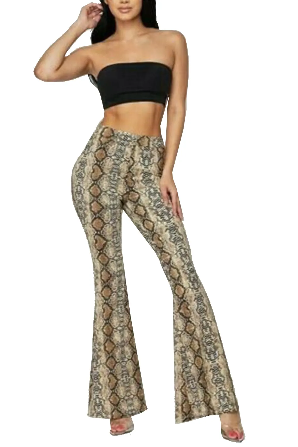 Womens Snake Print Bell Bottom Palazzo Pants