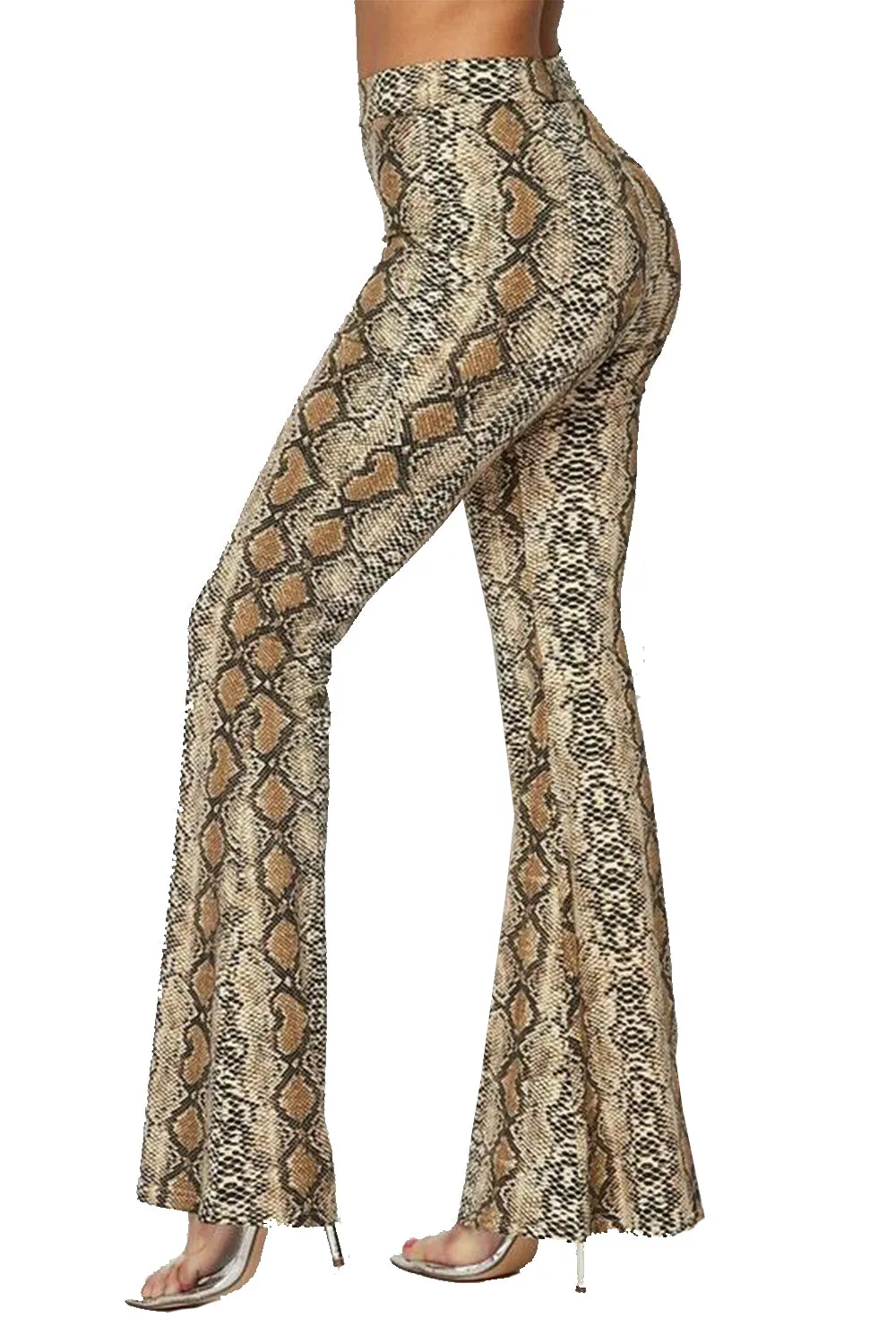 Womens Snake Print Bell Bottom Palazzo Pants