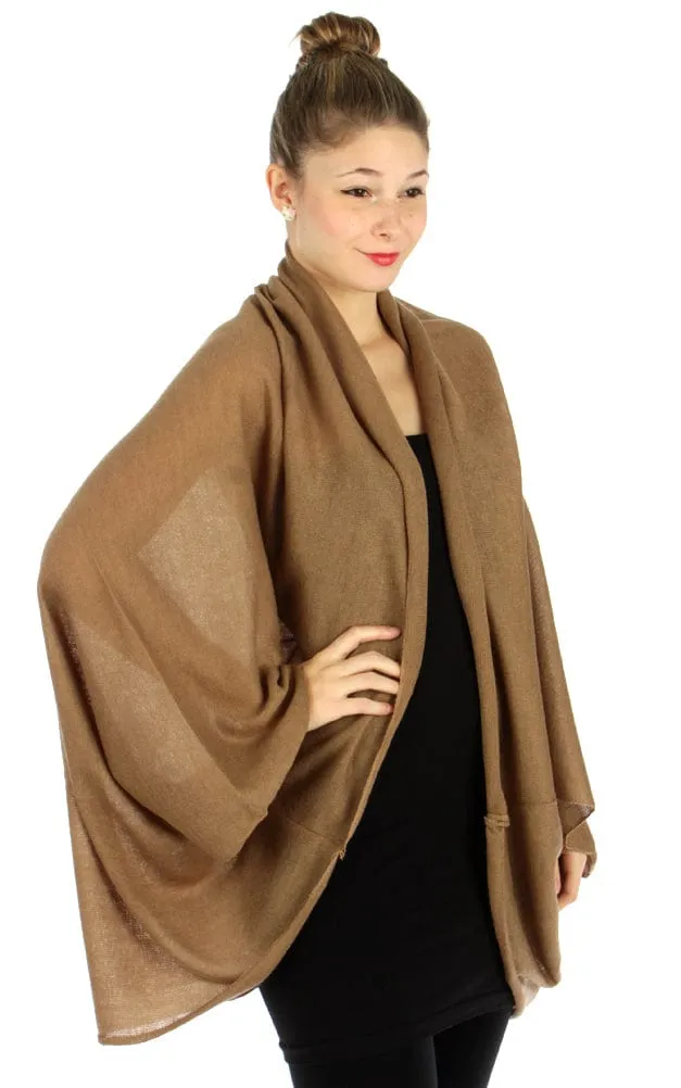 Women's Soft Warm Solid Brown Infinity Scarf Kimono Wrap - Ruffle Shrug