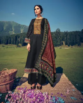 Woolen Pashmina Black Winter Unstitched Suits With shawl