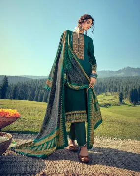 Woolen Pashmina Green Winter Unstitched Suits With shawl