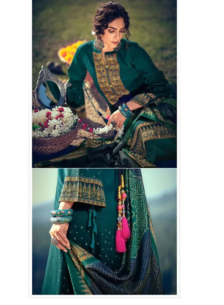 Woolen Pashmina Green Winter Unstitched Suits With shawl