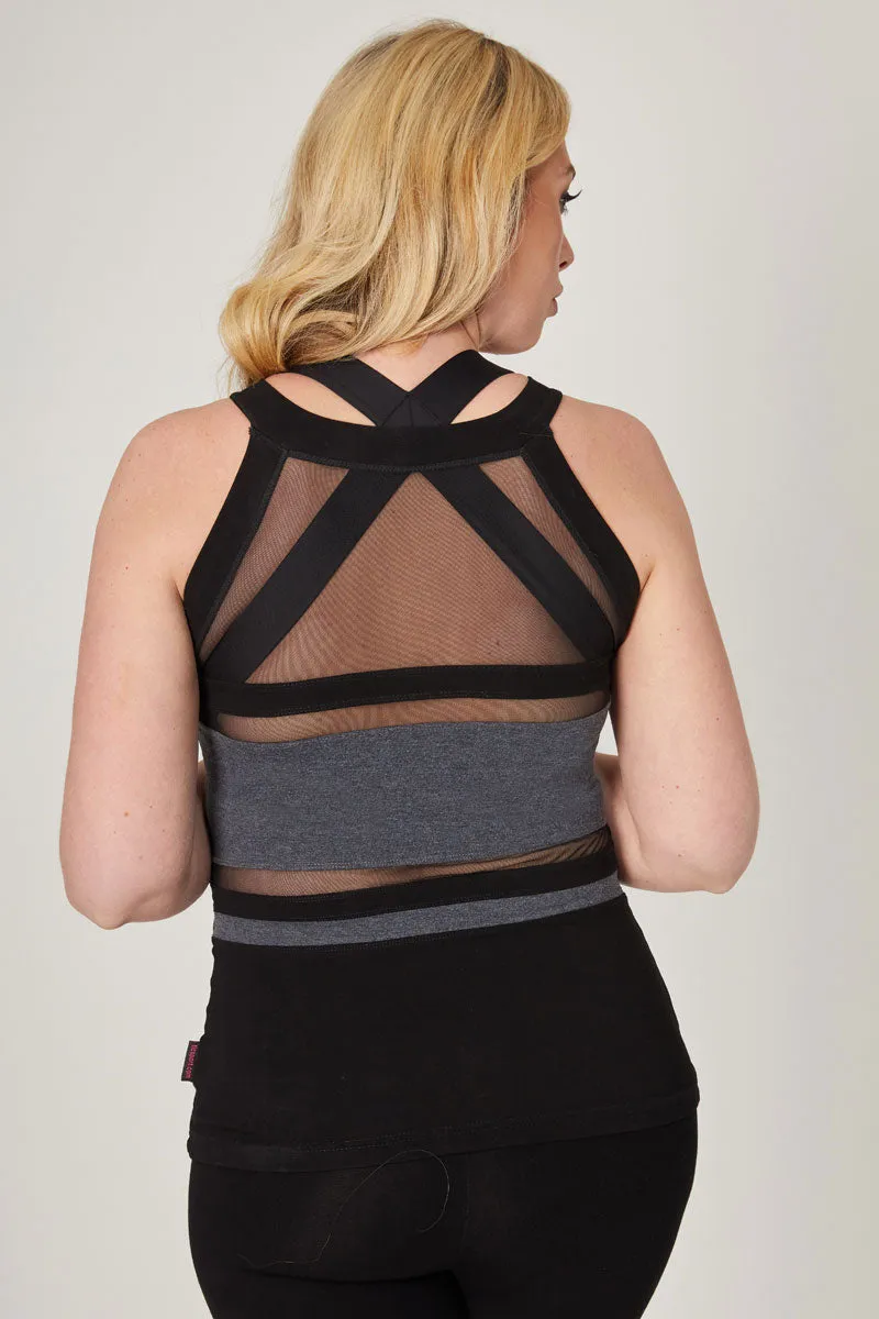 Yoga Vest with Mesh Stripes and High Neck Marl Grey