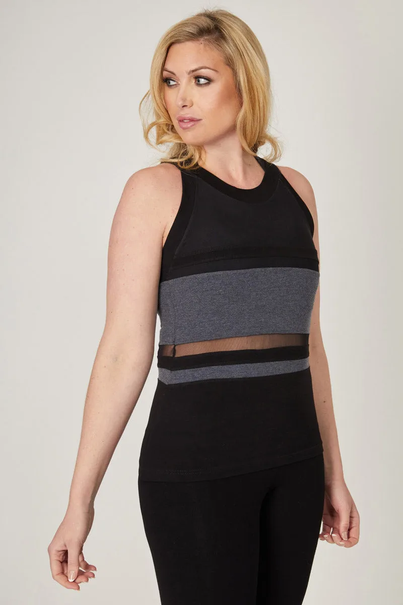 Yoga Vest with Mesh Stripes and High Neck Marl Grey