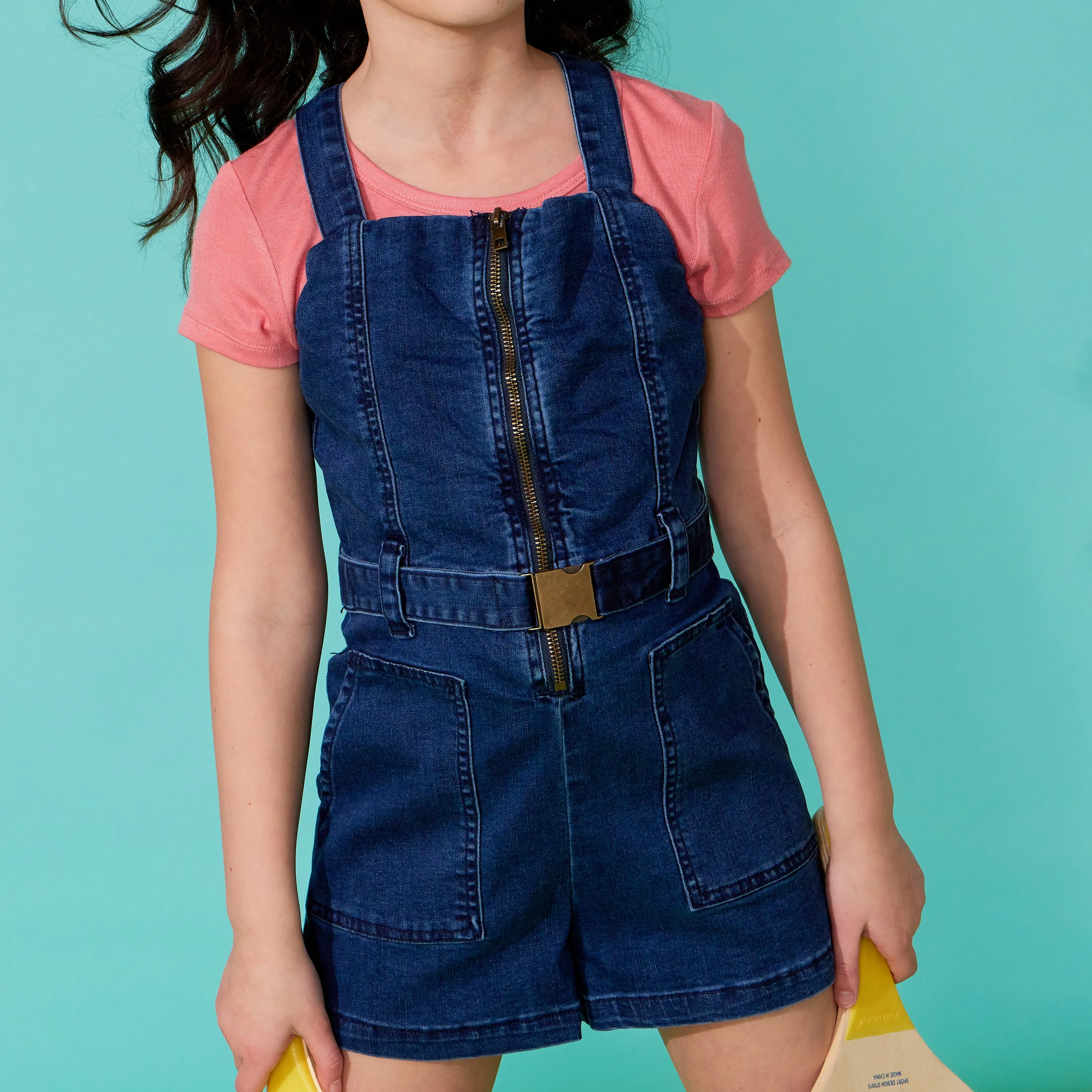 Zip Front Denim Romper